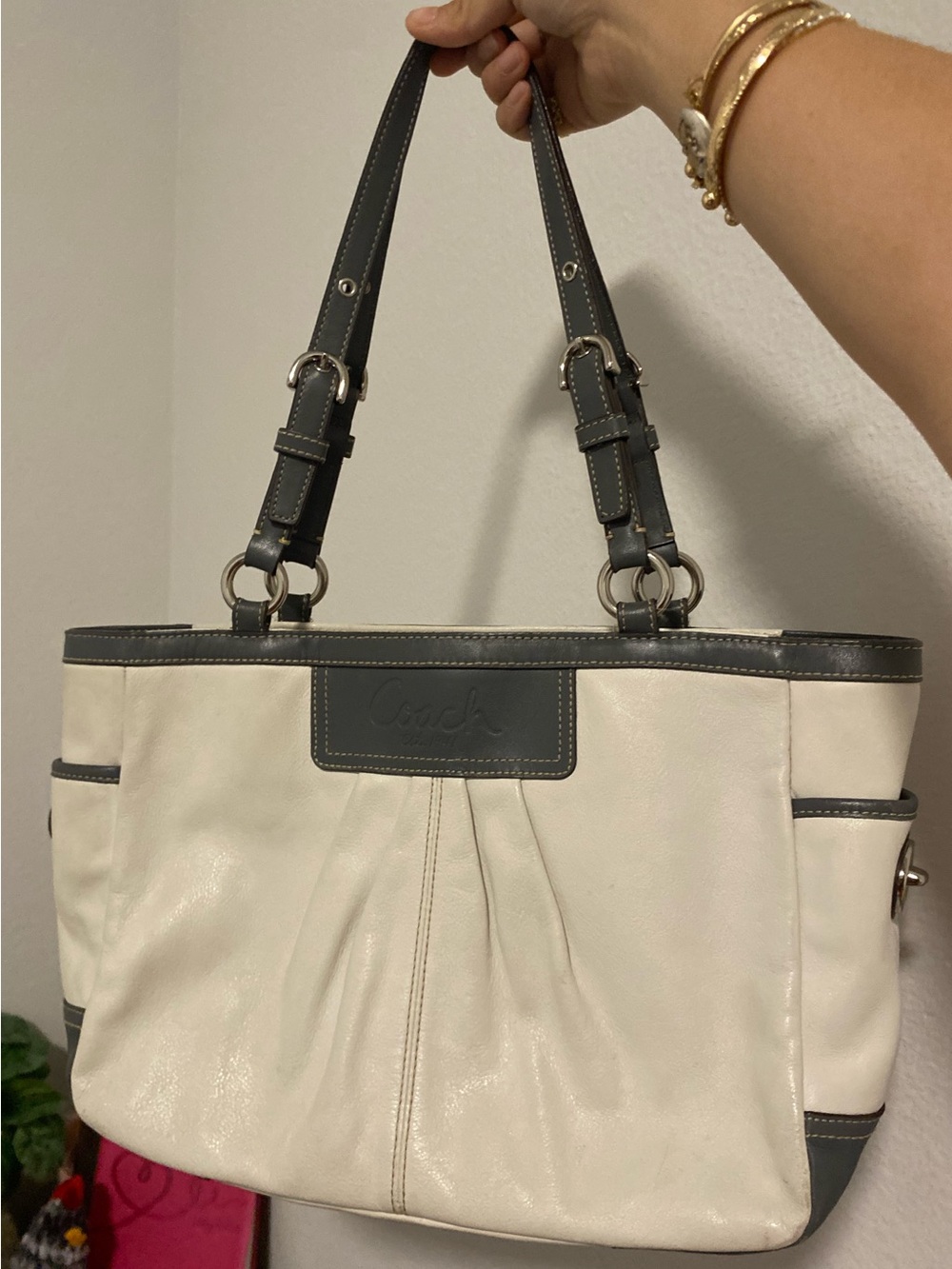 Coach Two-Tone Leather Shoulder Bag in Cream and Black Trim